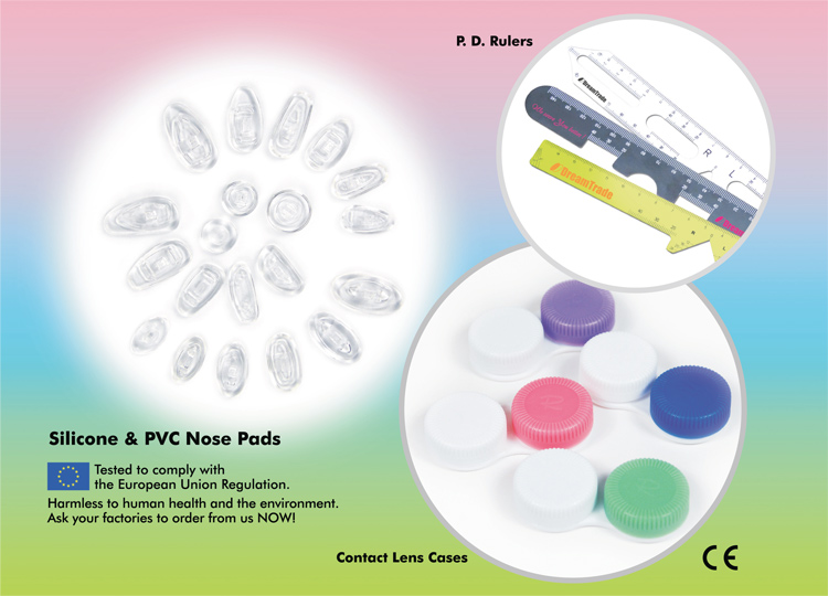 Silicone & PVC Nose Pads: Tested to comply with the European Union Regulation.  Harmless to human health and the environment.  Ask your factories to order from us NOW!  Also available: P.D. Rulers & Contact Lens Cases.