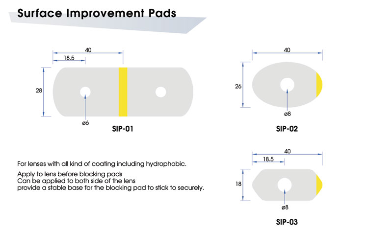 Surface Improvement Pads SIP-01 / SIP-02 / SIP-03: For lenses with all kind of coating including hydrophobic.  Apply to lens before blocking pads.  Can be applied to both side of the lens.  Provide a stable base for the blocking pad to stick to securely.